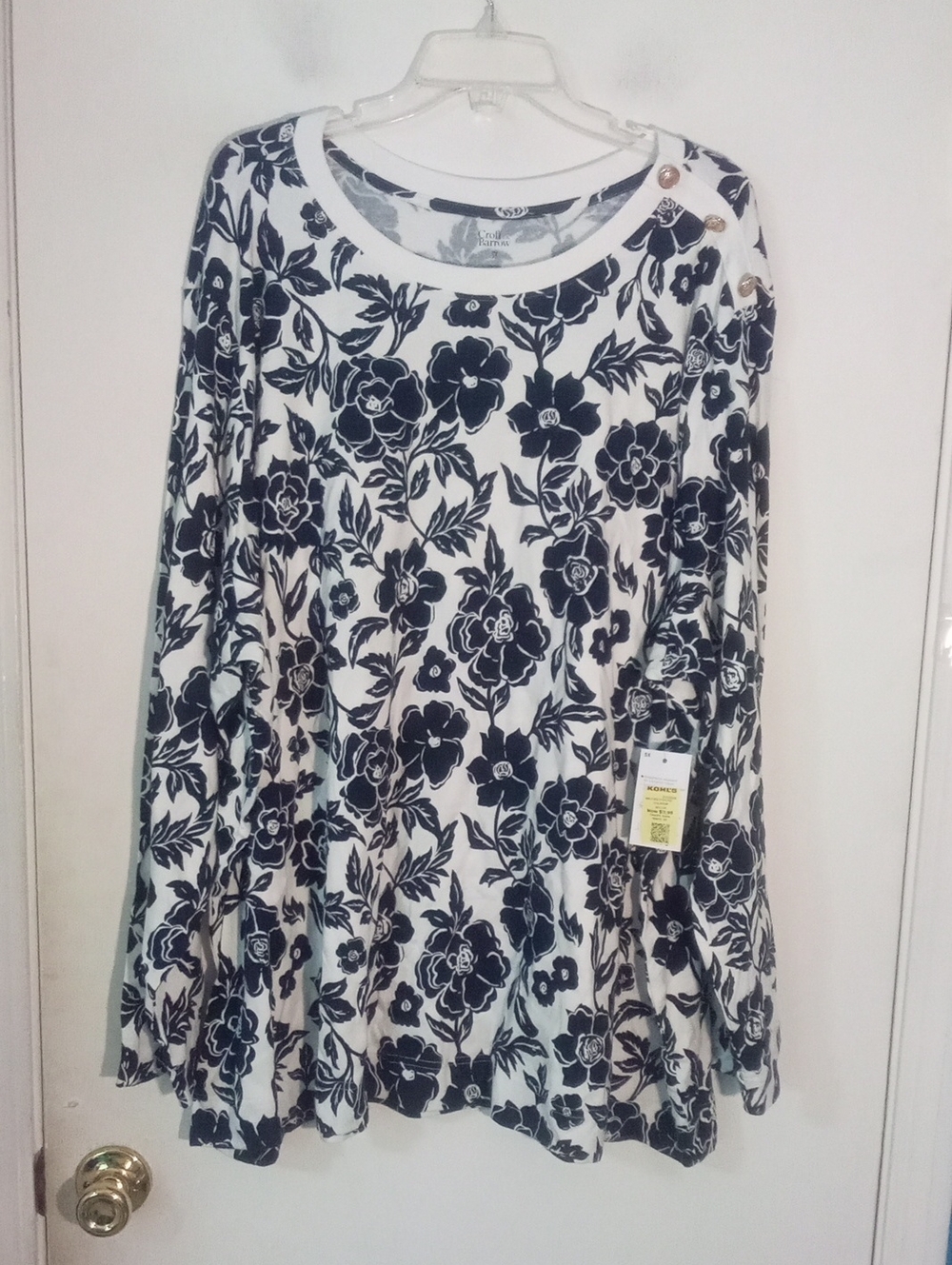 * Croft & Barrow Black & White Floral Shirt 5X Plus NWT $30 100% Cotton